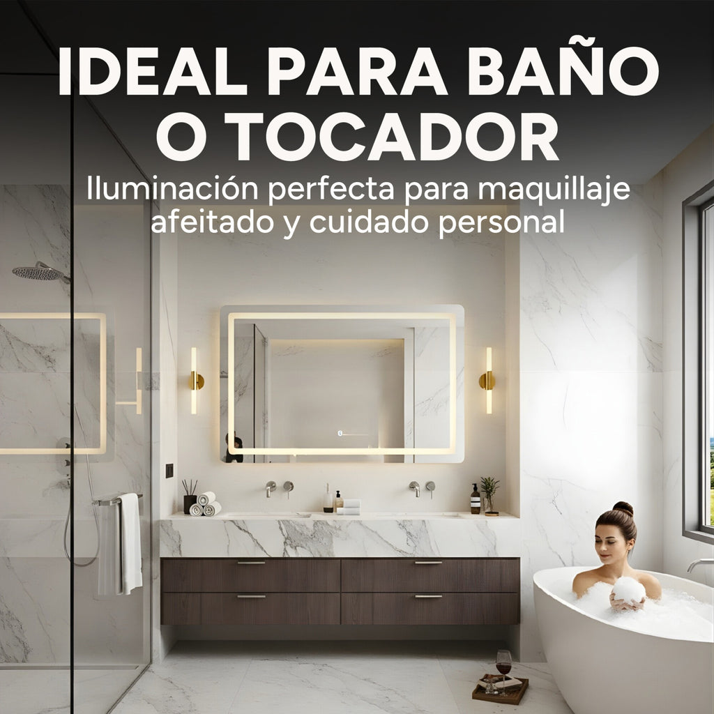Espejo Rectangular Baño Táctil 3 Modos Retroiluminado 90X70
