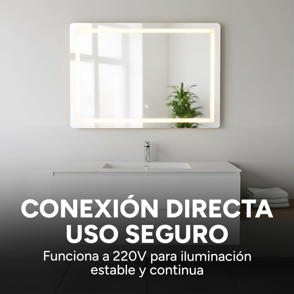 Espejo Rectangular Baño Táctil 3 Modos Retroiluminado 90X70