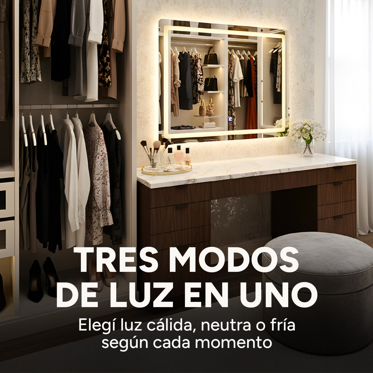 Espejo Rectangular Baño Táctil 3 Modos Retroiluminado 90X70
