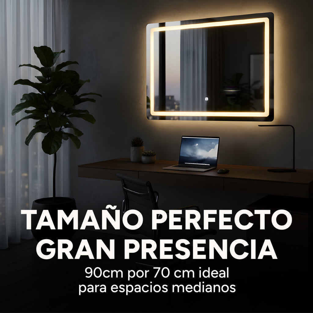 Espejo Rectangular Baño Táctil 3 Modos Retroiluminado 90X70