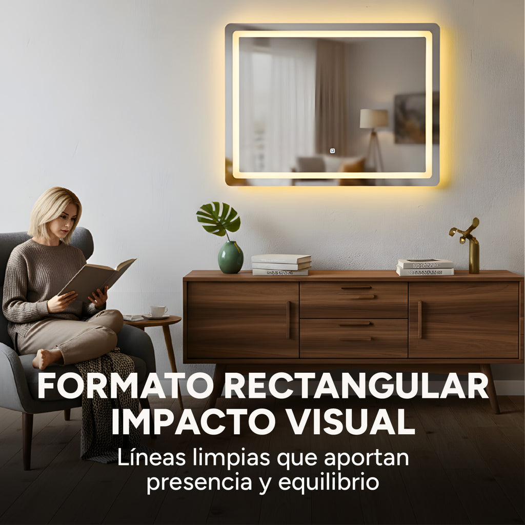 Espejo Rectangular Baño Táctil 3 Modos Retroiluminado 90X70