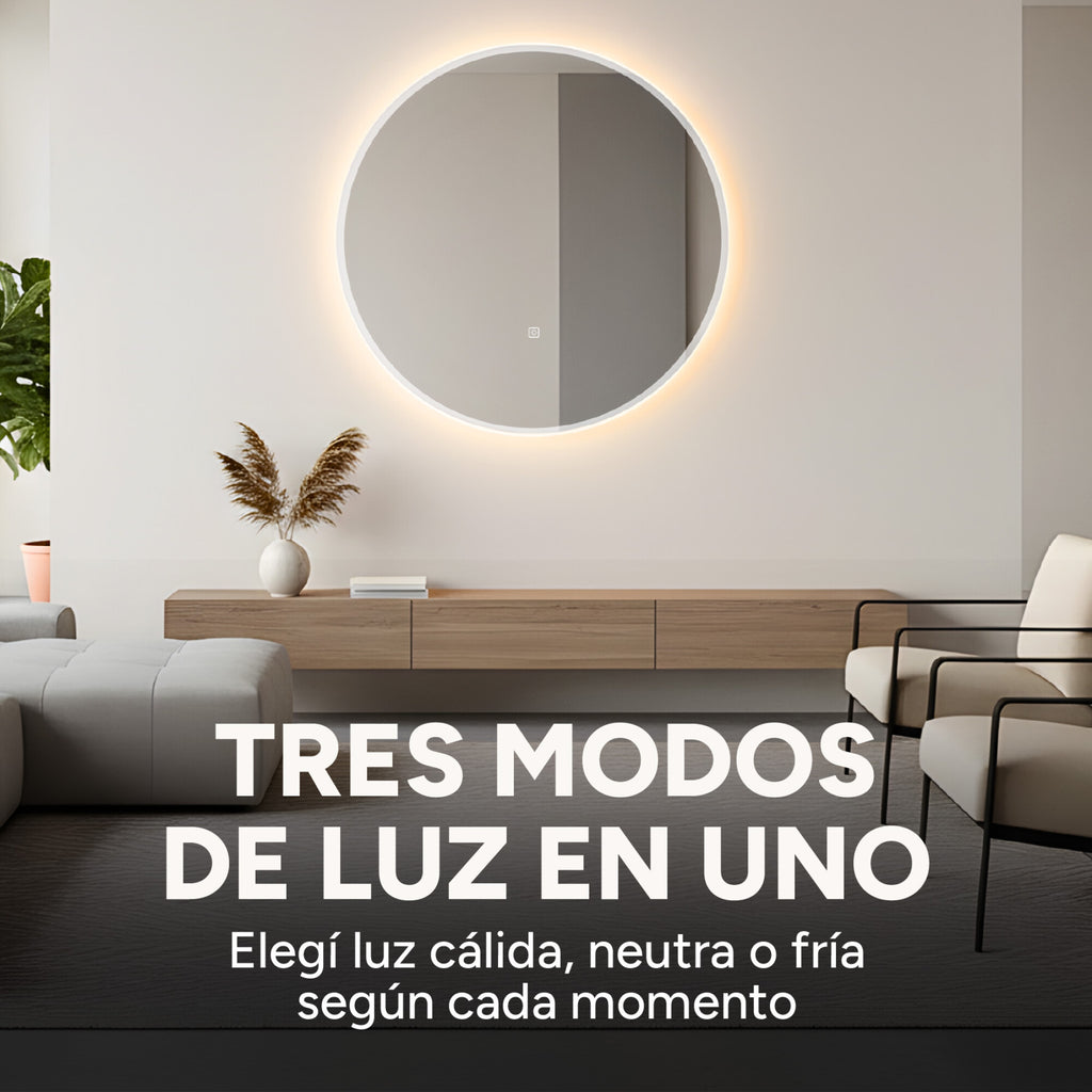 Espejo Redondo Baño Táctil 3 Modos Luz Retroiluminado 60 Cm