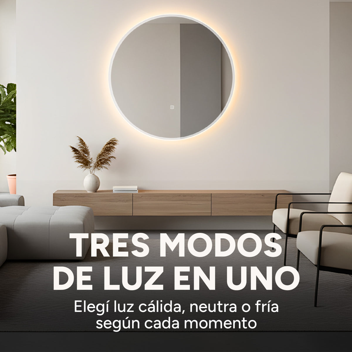Espejo Redondo Baño Táctil 3 Modos Luz Retroiluminado 60 Cm