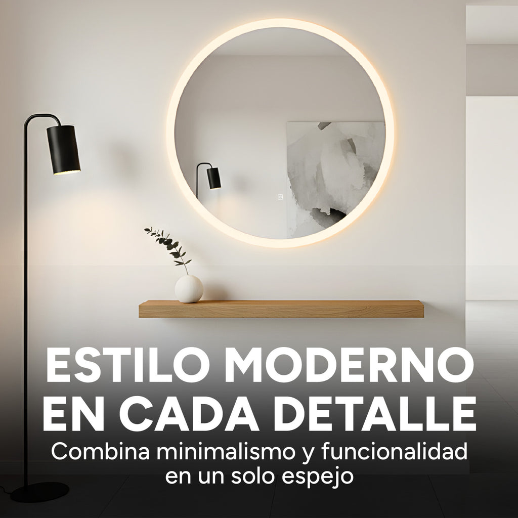 Espejo Redondo Baño Táctil 3 Modos Luz Retroiluminado 60 Cm