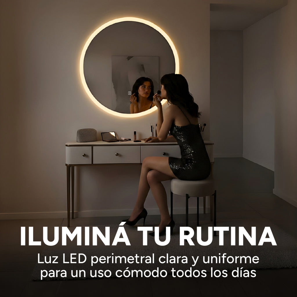 Espejo Redondo Baño Táctil 3 Modos Luz Retroiluminado 60 Cm