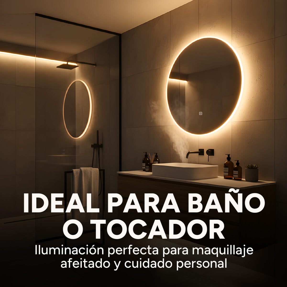 Espejo Redondo Baño Táctil 3 Modos Luz Retroiluminado 60 Cm