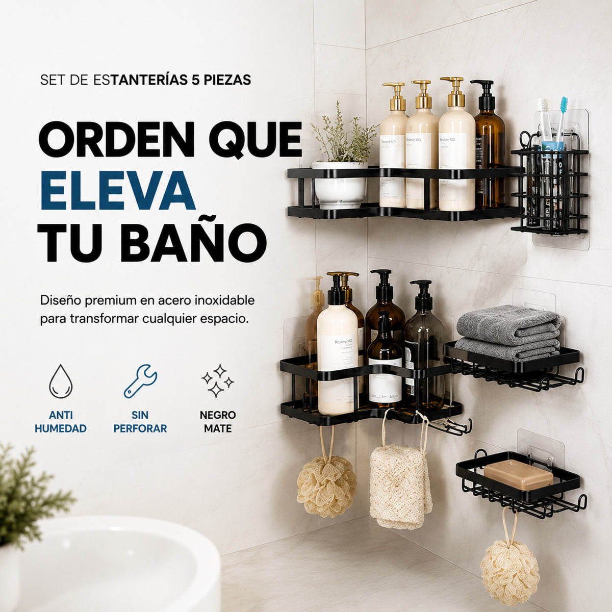 Organizador Baño Estante 5 Piezas Adhesivo Acero Inoxidable