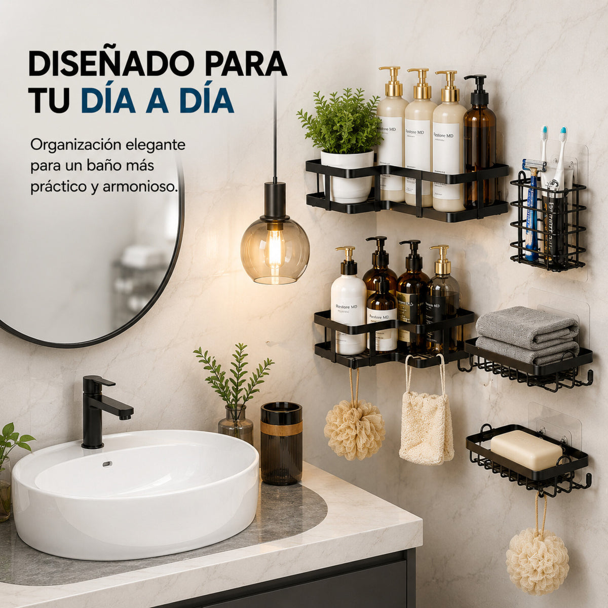 Organizador Baño Estante 5 Piezas Adhesivo Acero Inoxidable