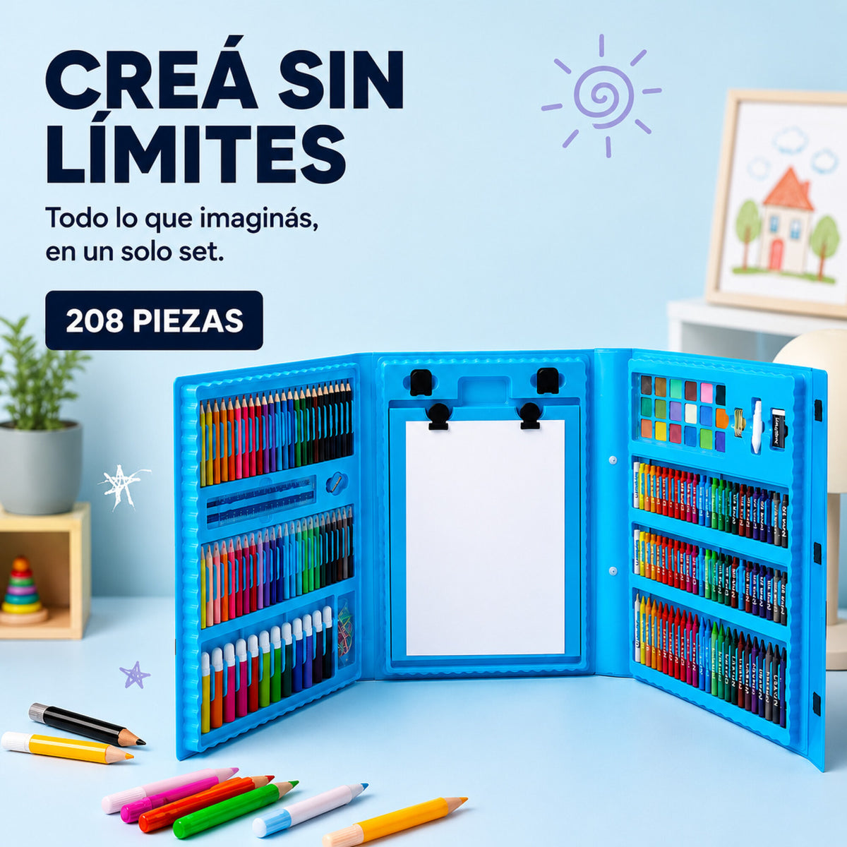 Set Kit Arte Dibujo Y Pinturas 208 Piezas Valija Infantil