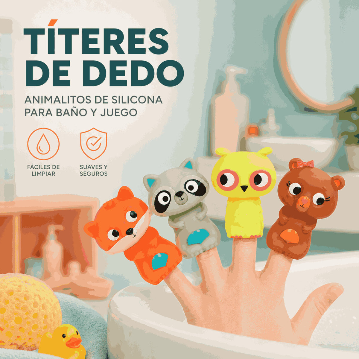 Set X4 Títeres de Dedo Animalitos para Baño y Juego