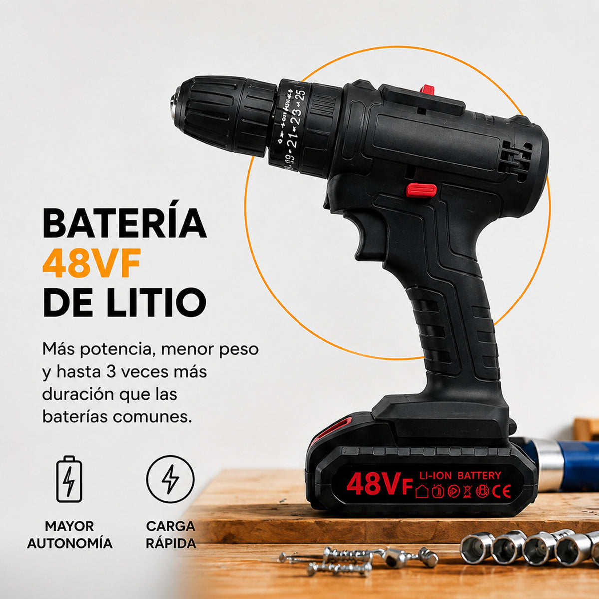 Taladro Percutor Atornillador + 2 Baterías 48V Inalambrico