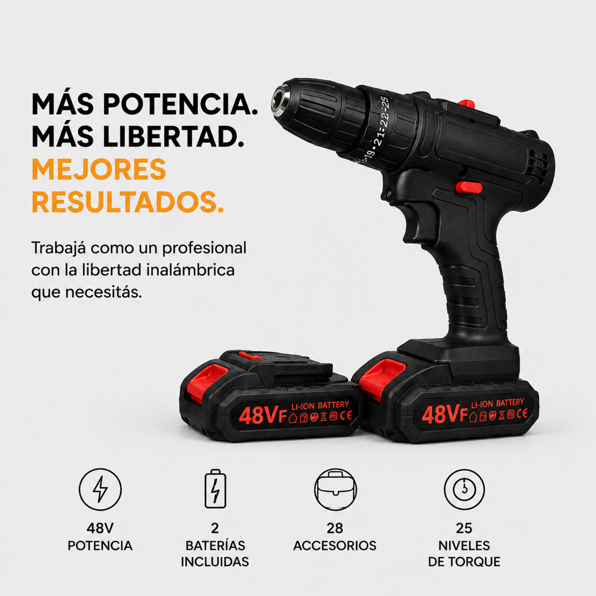 Taladro Percutor Atornillador + 2 Baterías 48V Inalambrico