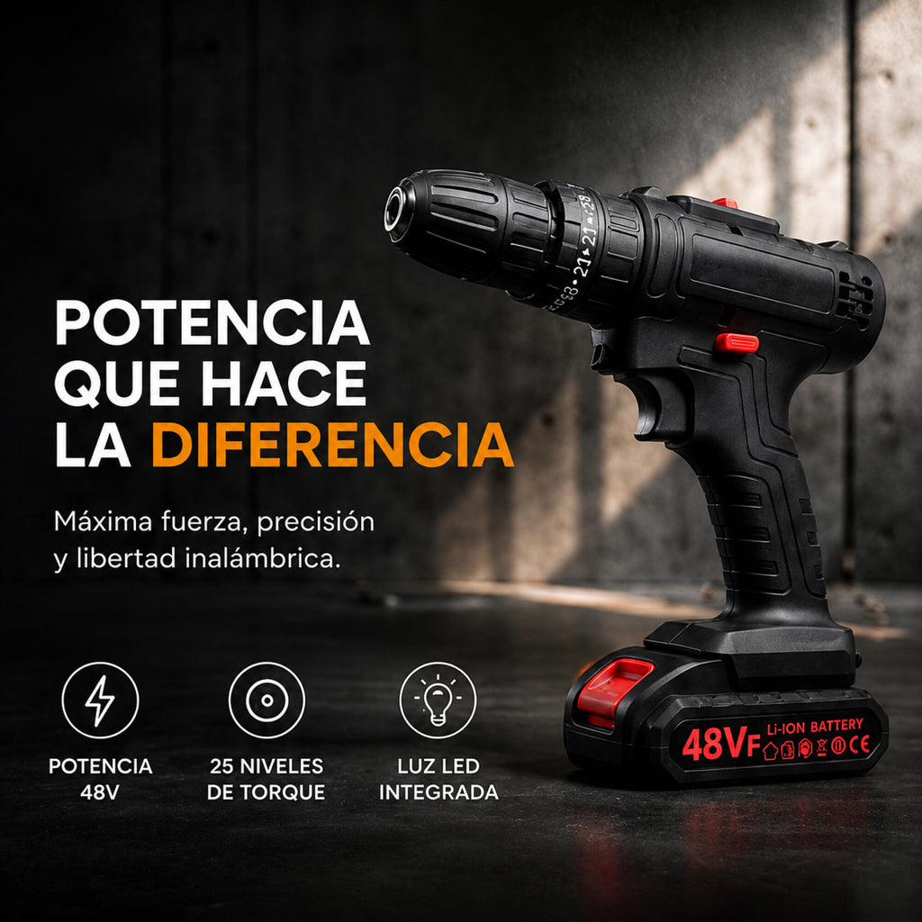 Taladro Percutor Atornillador + 2 Baterías 48V Inalambrico