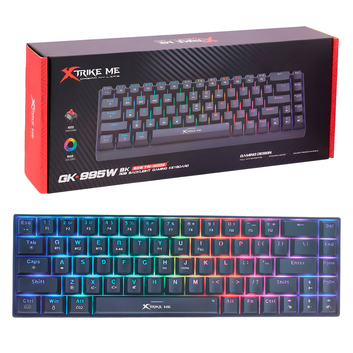 Teclado Mecánico Inalámbrico Gamer RGB Xtrike Me GK-995W BK